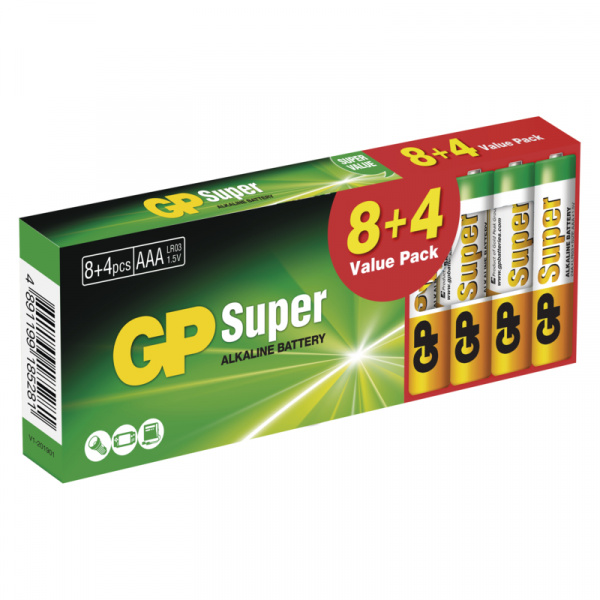 Alkalická baterie GP Super AAA (LR03) balení 8 ks + 4 zdarma