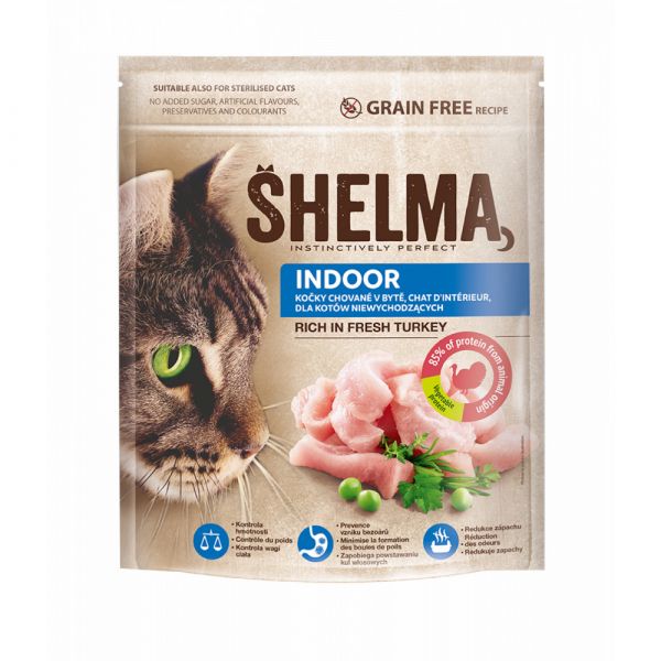 Shelma Indoor bezobilné granule s čerstvým krůtím pro dospělé kočky 750 g