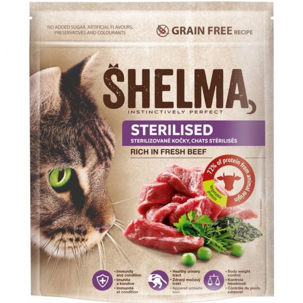 Shelma Sterile bezobilné granule s čerstvým hovězím pro dospělé kočky 750 g